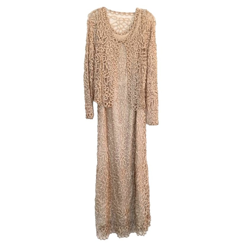 Soulmates 100% Silk Handcrafted 2-Piece Beige Crochet Maxi Dress Set XL